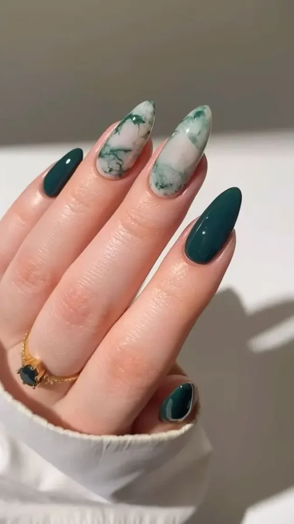 Mystical Green Marble Effect nails