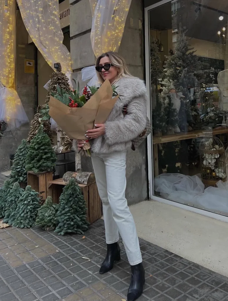 Faux fur jacket + white denim.