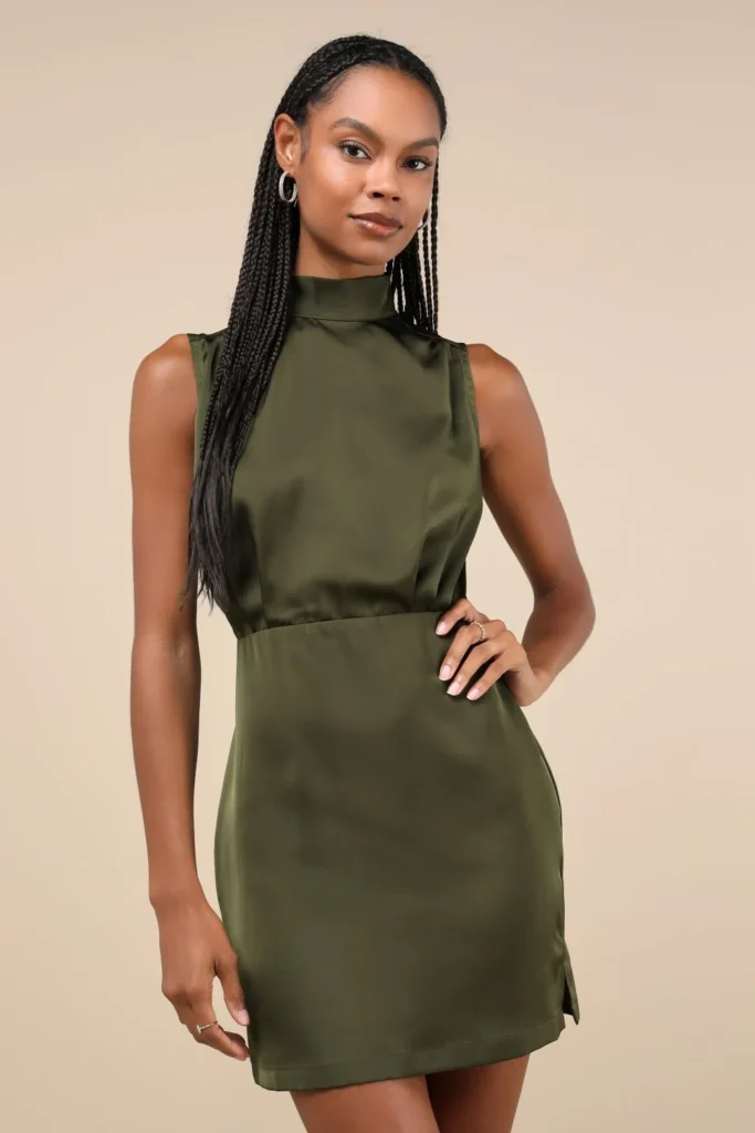 Olive Satin Sleeveless Mock Neck Mini Dress