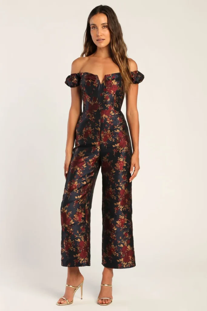 Blue Floral Jacquard Off-the-Shoulder Jumpsuit