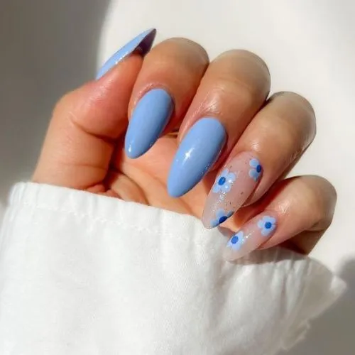 Baby Blue Nails With Flowers