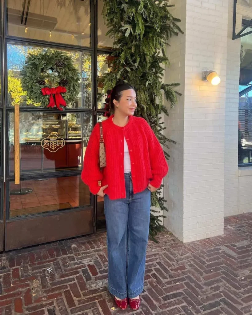 Red sweater + jeans.