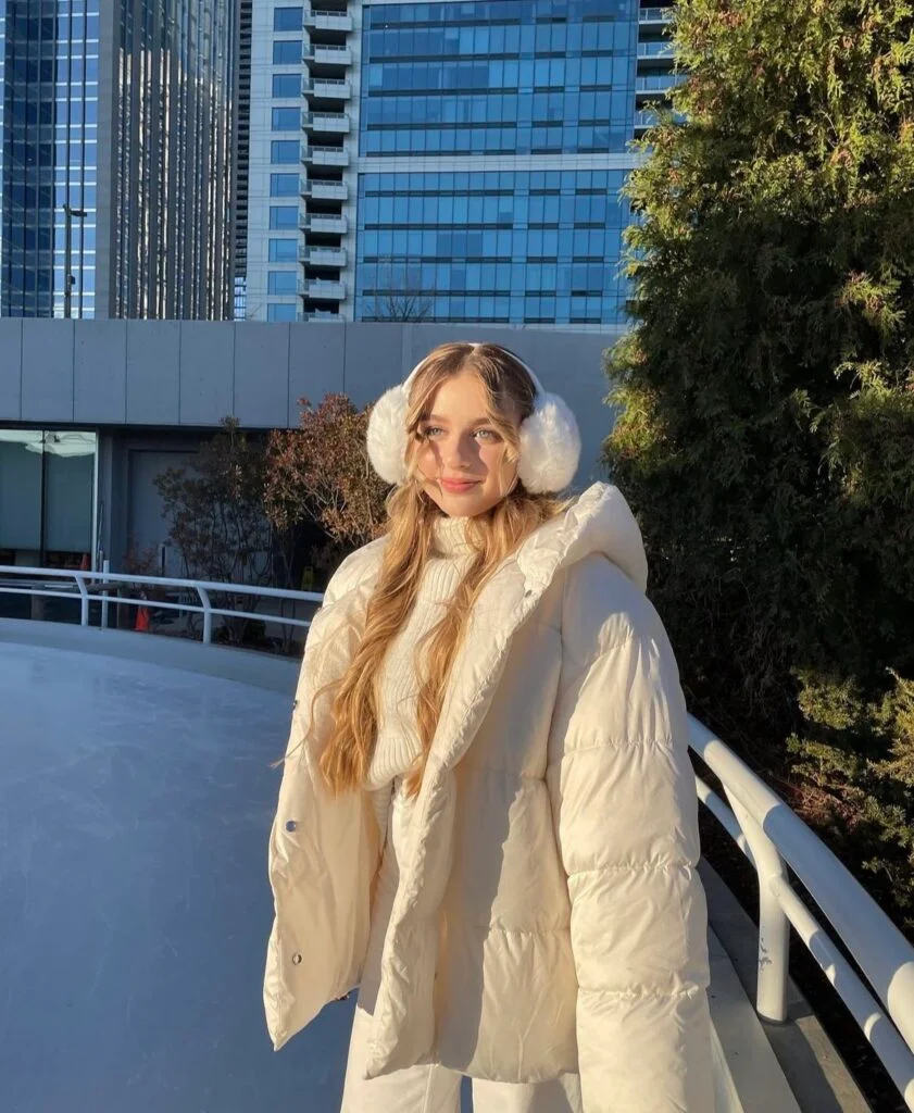 cream puffer coat with white jeans Ice Skating Outfit 