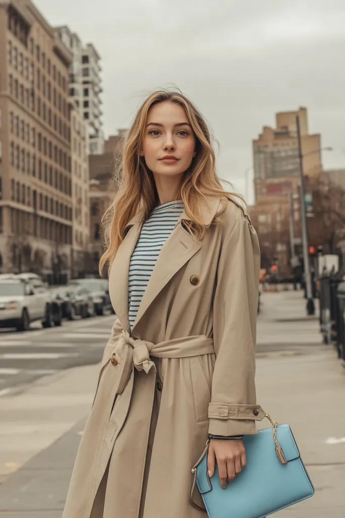 Small Blue Purse with a Beige Trench Coat, Striped Tee, and Loafers