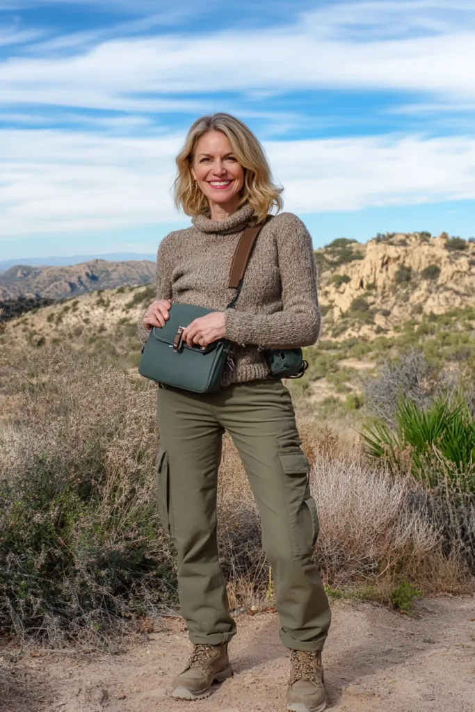 Dusty Blue Purse with an Earth-Toned Sweater, Olive Cargo Pants, and Desert Boots