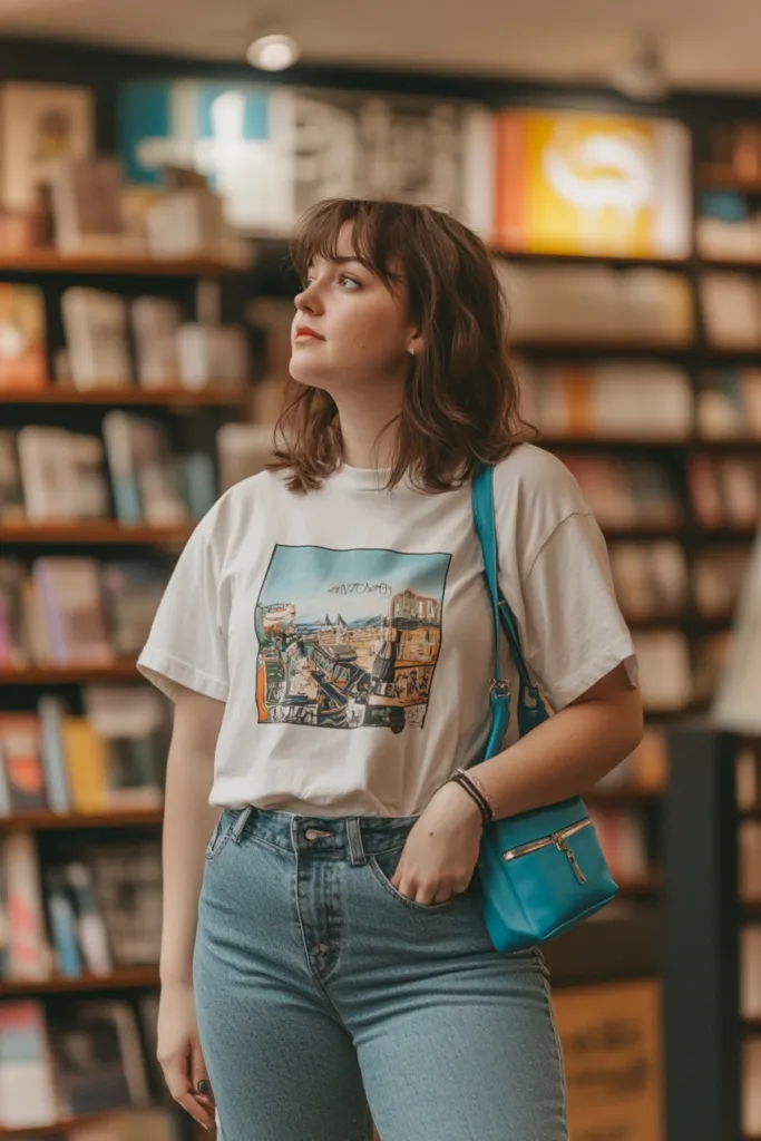 Electric Blue Purse with a Graphic Tee, High-Waist Jeans, and Sneakers