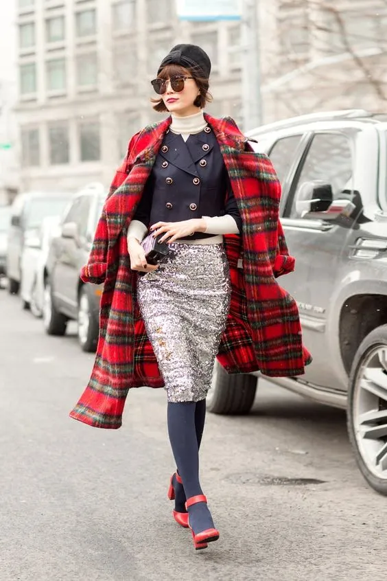 Glamorous in Plaid Coat and Sequin Skirt