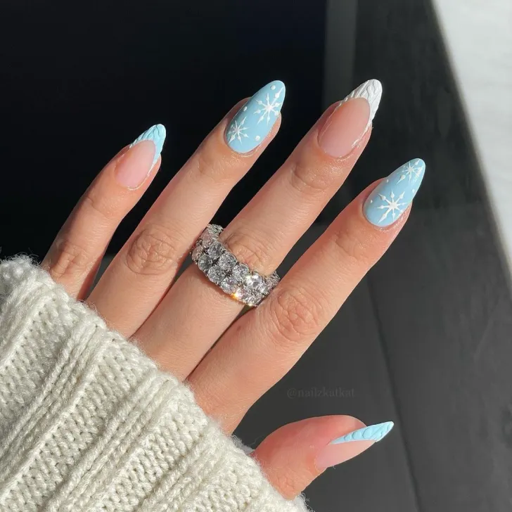 Blue French Nails with Snowflakes