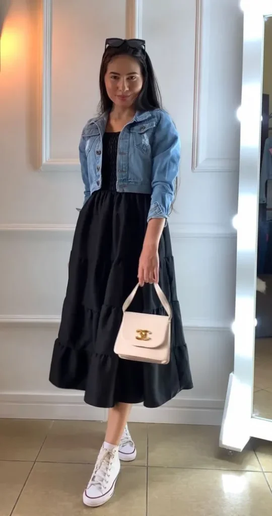 Black Dress with Denim Jacket