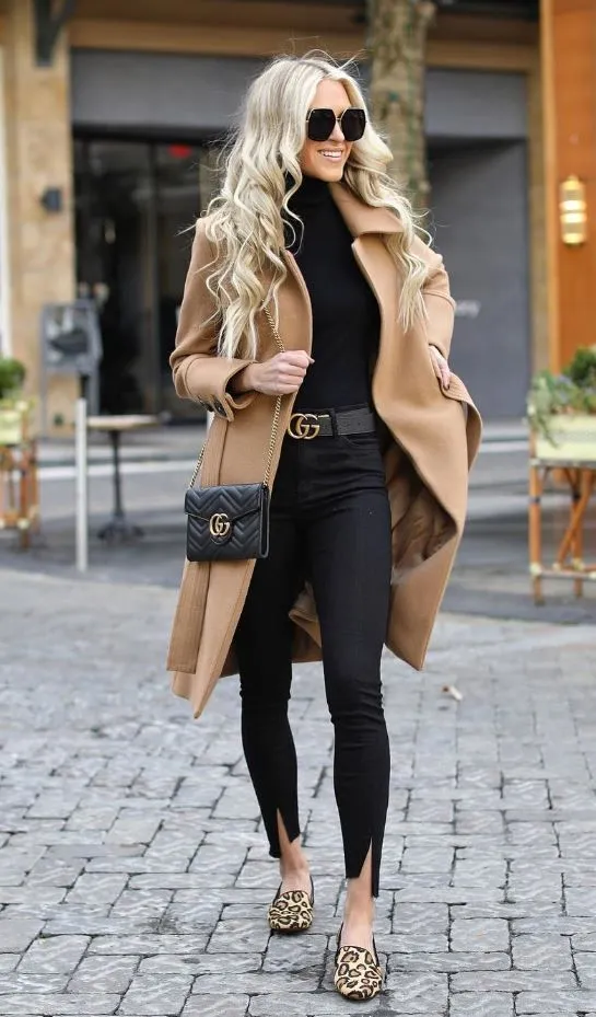 Camel Coat and All-Black Outfit