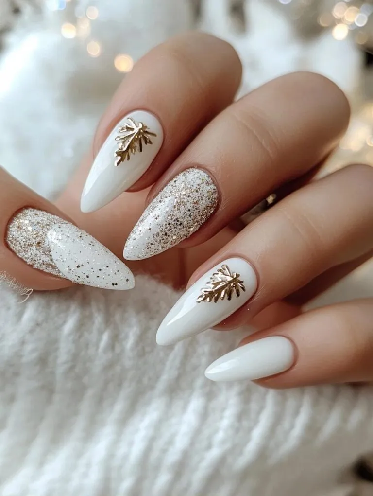 Golden leaf white christmas nails with glitter