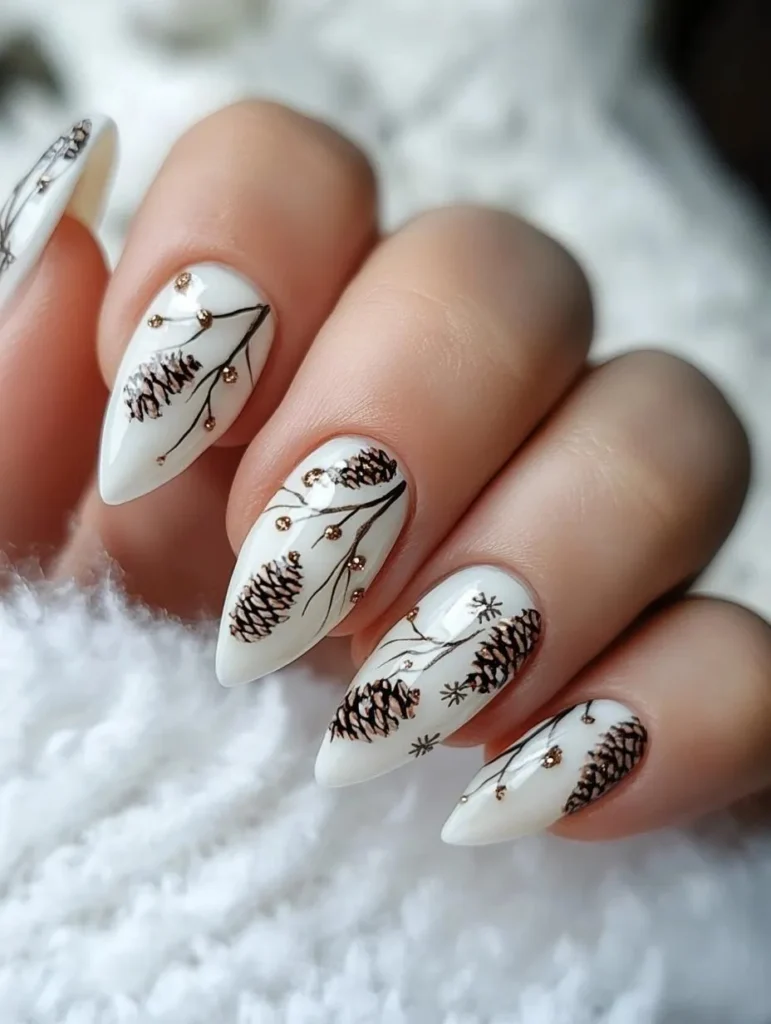 Pinecone elegance white christmas nails simple