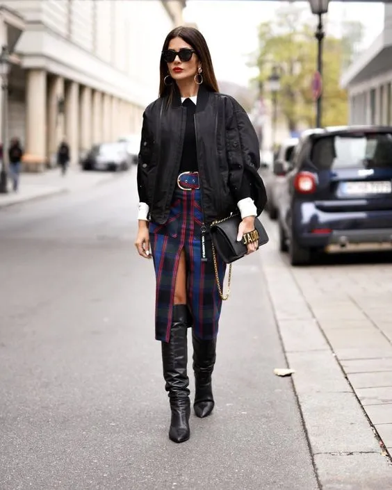  Edgy Plaid Skirt with Black Bomber Jacket