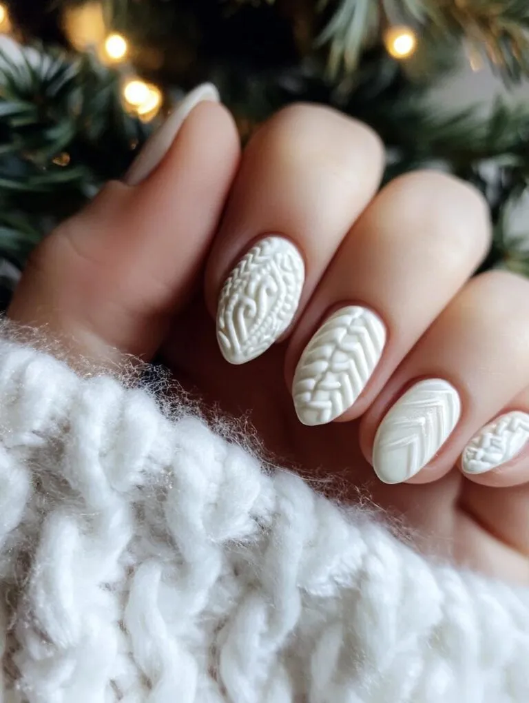 Cozy white knits white christmas nails with glitter