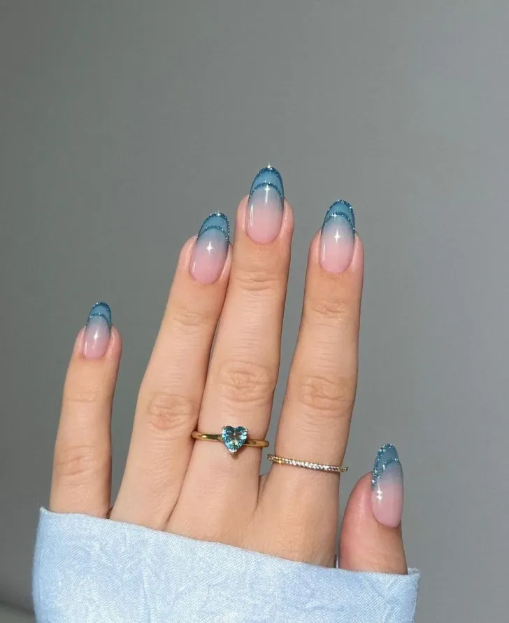 Blue Outlined French Tip Nails