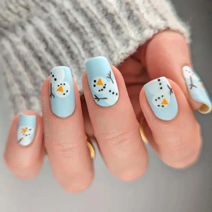 Snowman themed blue winter nail art easy