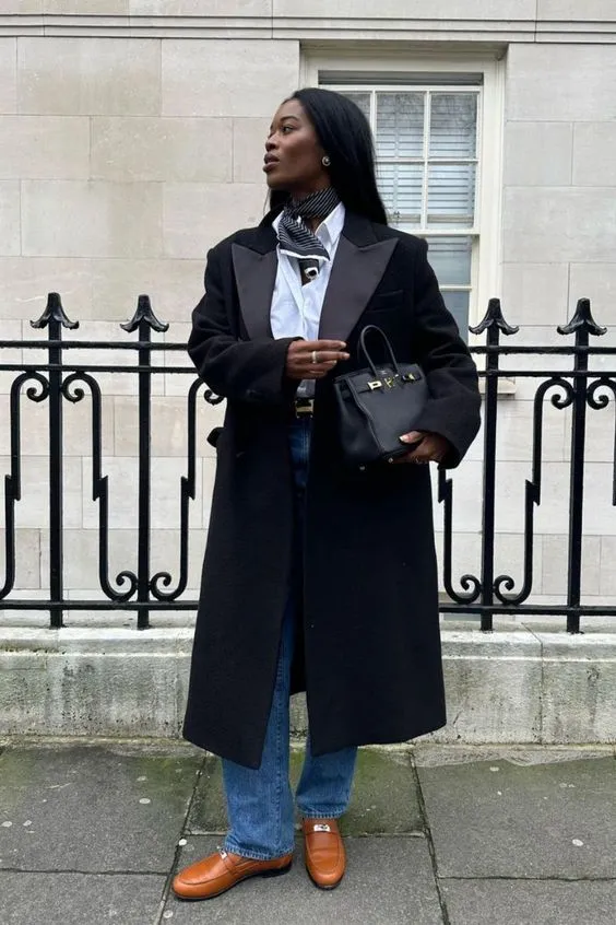 Classic Black Coat with Scarf and Loafers