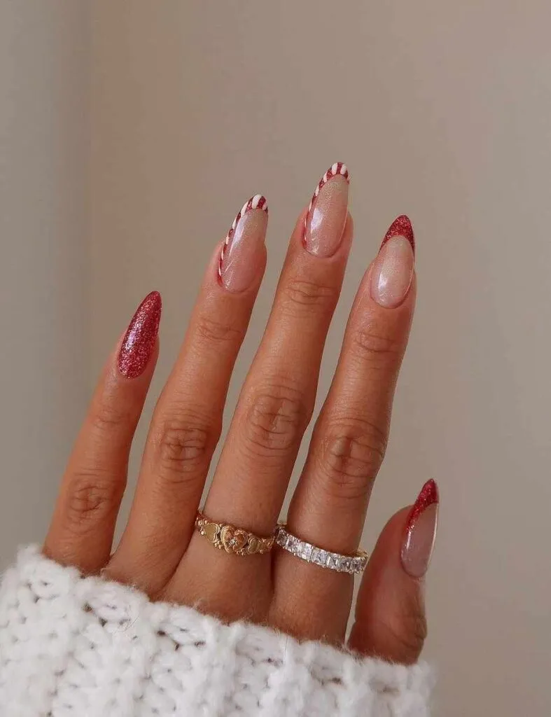 Red Candy Cane Christmas French Nails