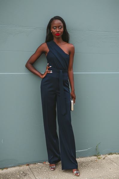 Navy One Shoulder Ruched Top Slinky Jumpsuit