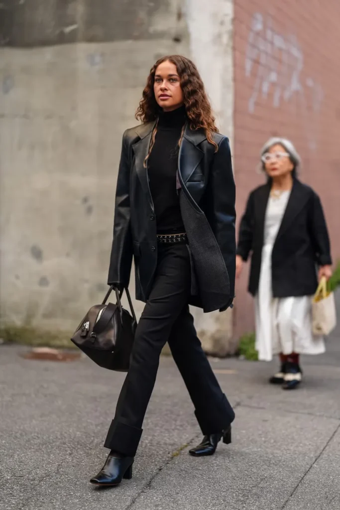 Bootcut Tailorless Leather Black Blazer Outfits