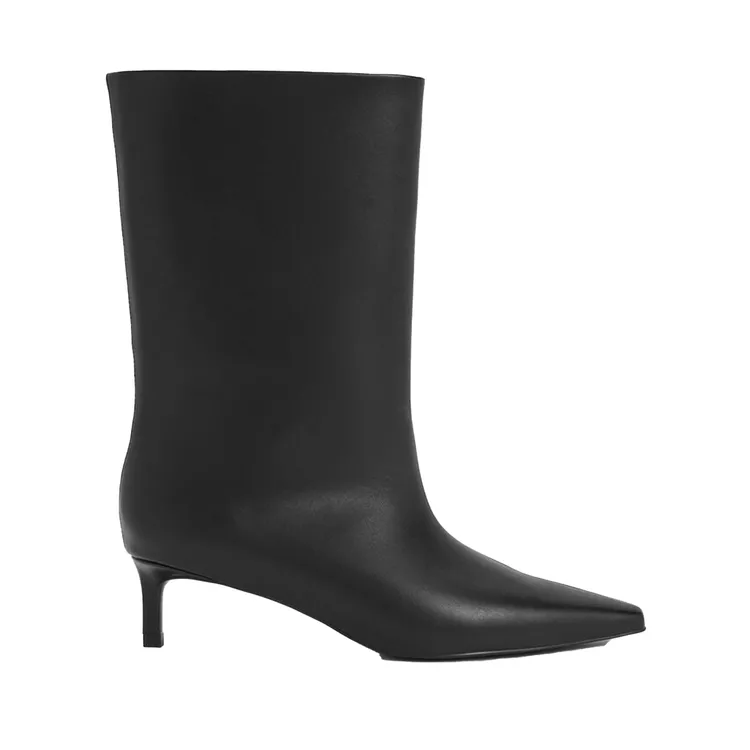 Black Elongated Square-Toe Kitten-Heel Calf Boots